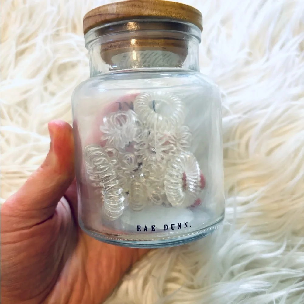❤️EXTRA 50% OFF❗️RAE DUNN “Take One” Clear Glass Hair Tie Jar with Wooden Lid